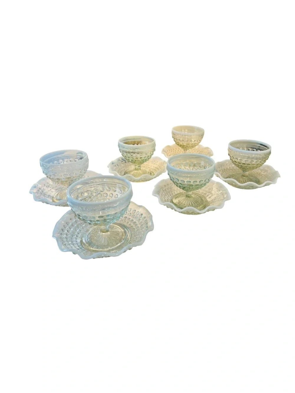 Vintage Moonstone Opalescent Hobnail Sherbet Coupe & Dessert Plates Set of 6